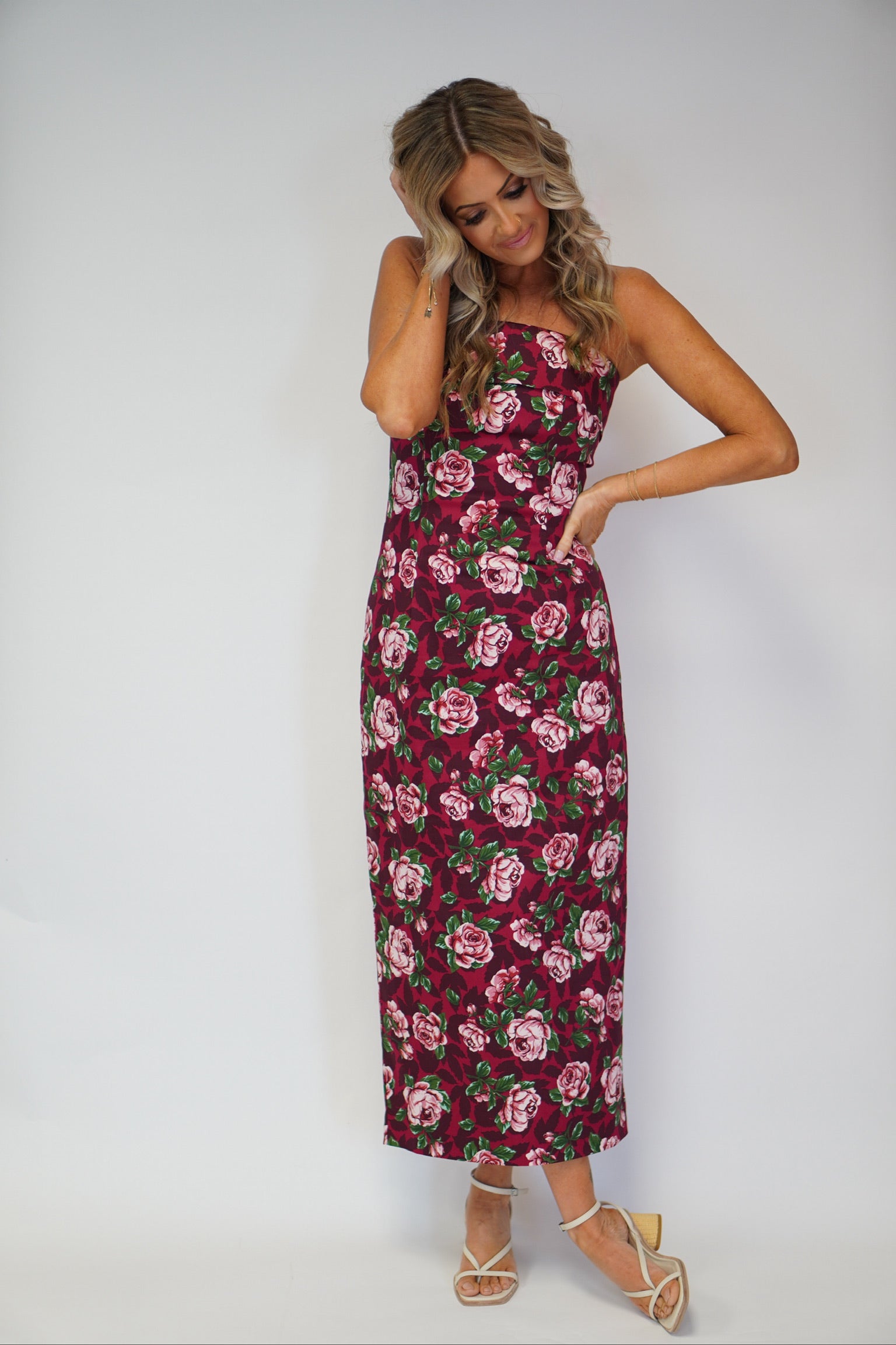 girl wearing tube dress with floral detail maxi style