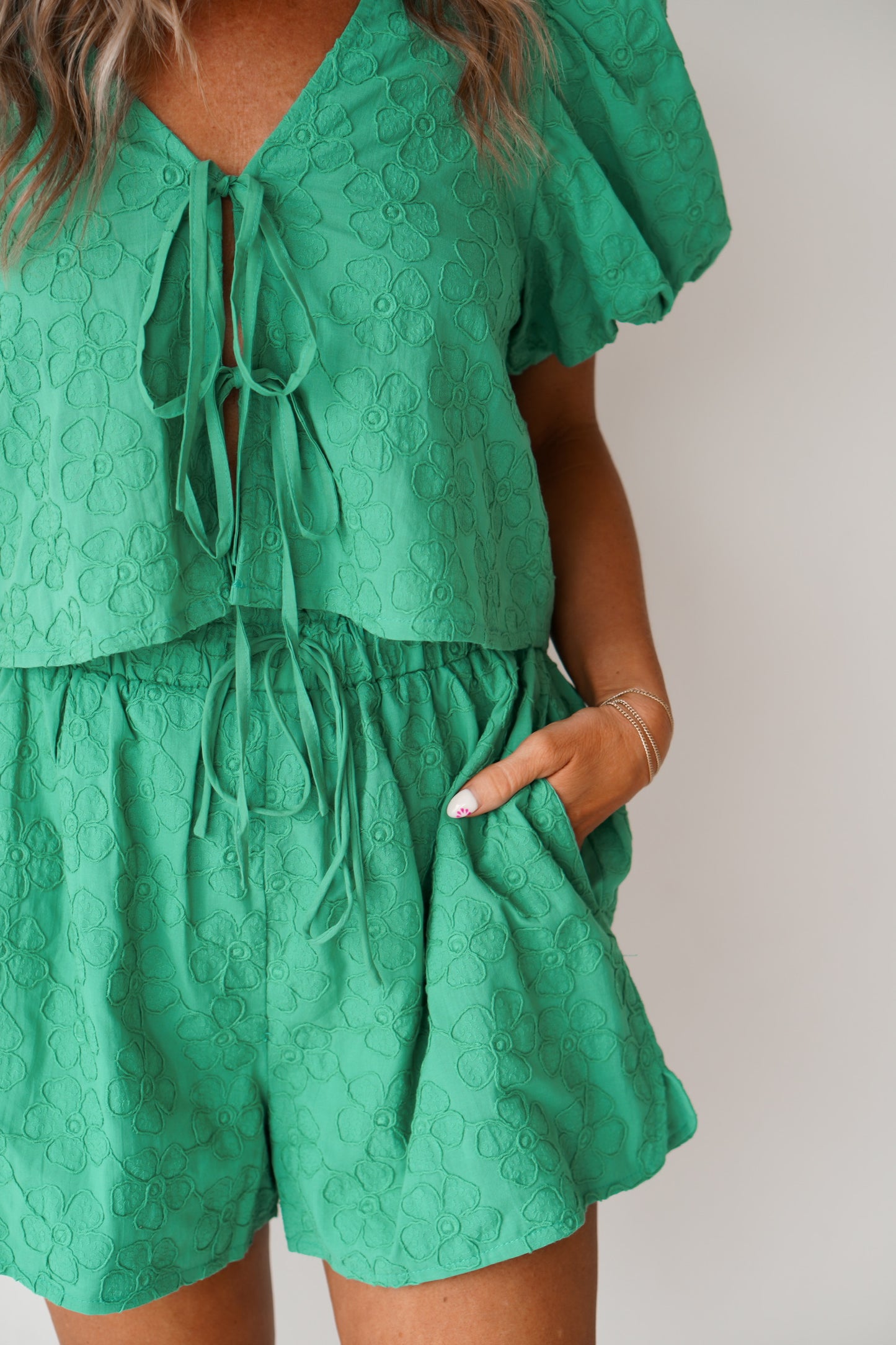 showing an up close of the print on the green set